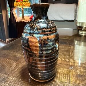 Studio Art Pottery Bud Vase 6 3/4” Brown Blue Drip Layer Glaze Sake Jar Handmade